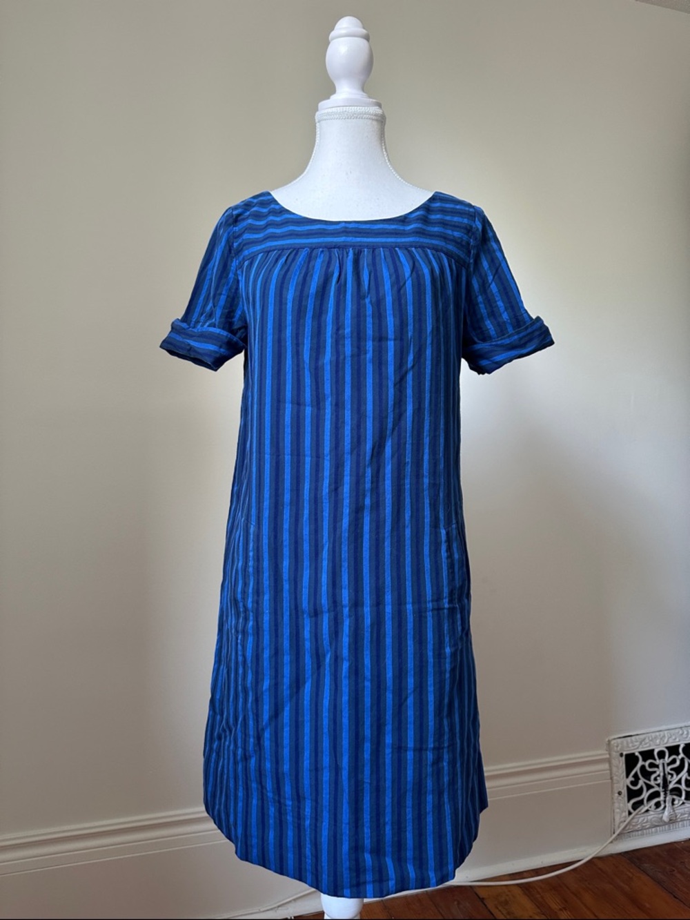HD IN PARIS Antro Cotton Cerulean Blue‎ Strip Shift Preppy Midi Dress Size 6